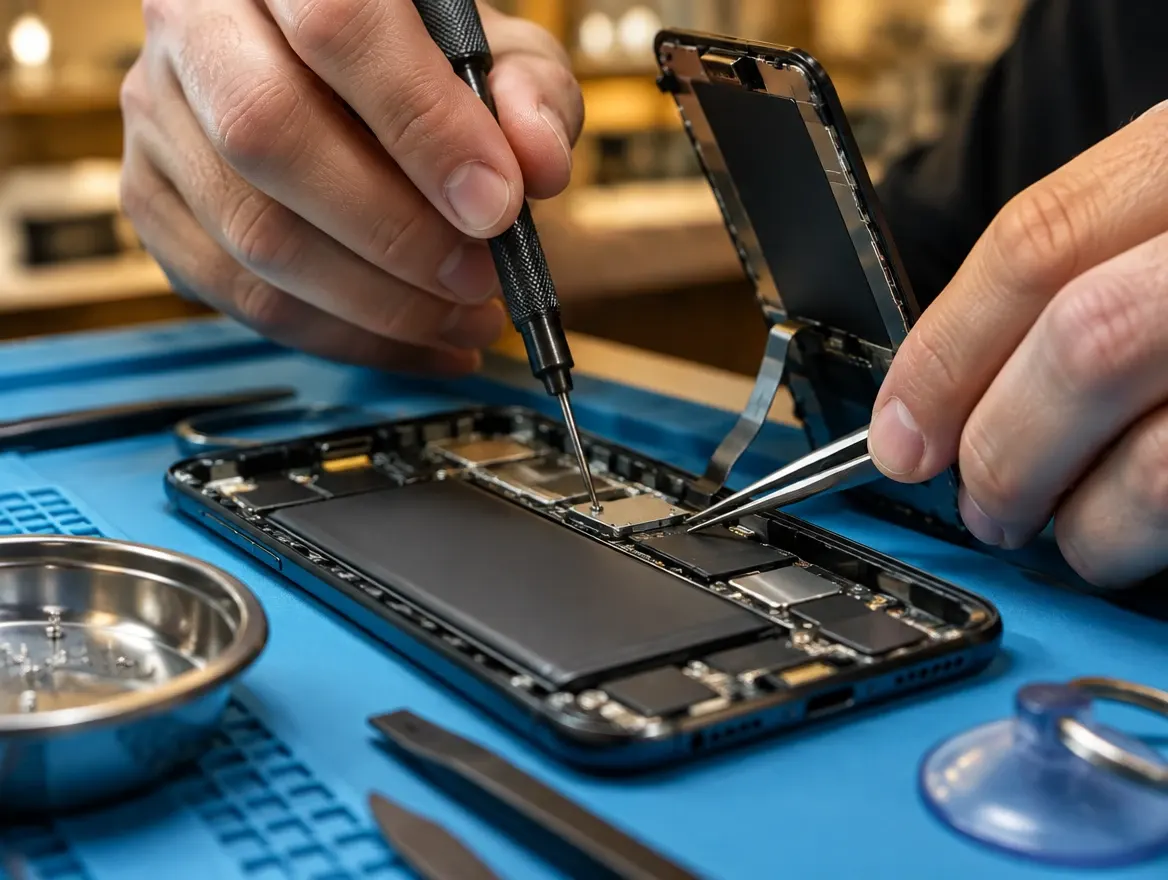 Técnico reparando un celular abierto sobre la mesa de trabajo